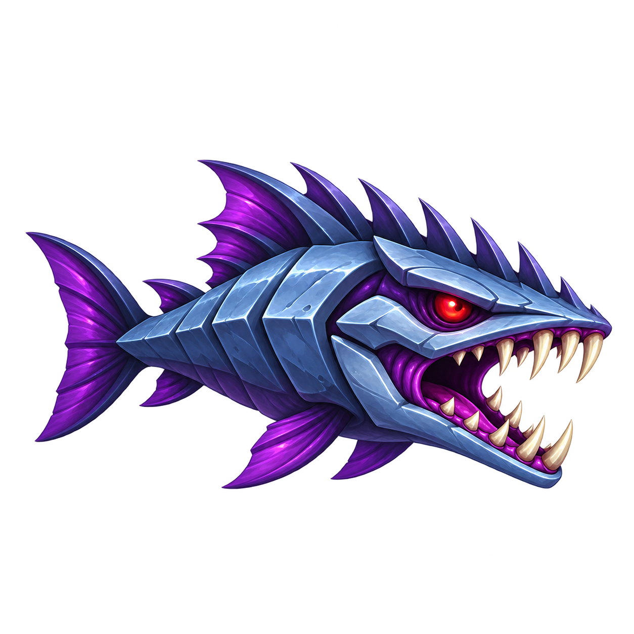An armored alien fish with sharp teeth