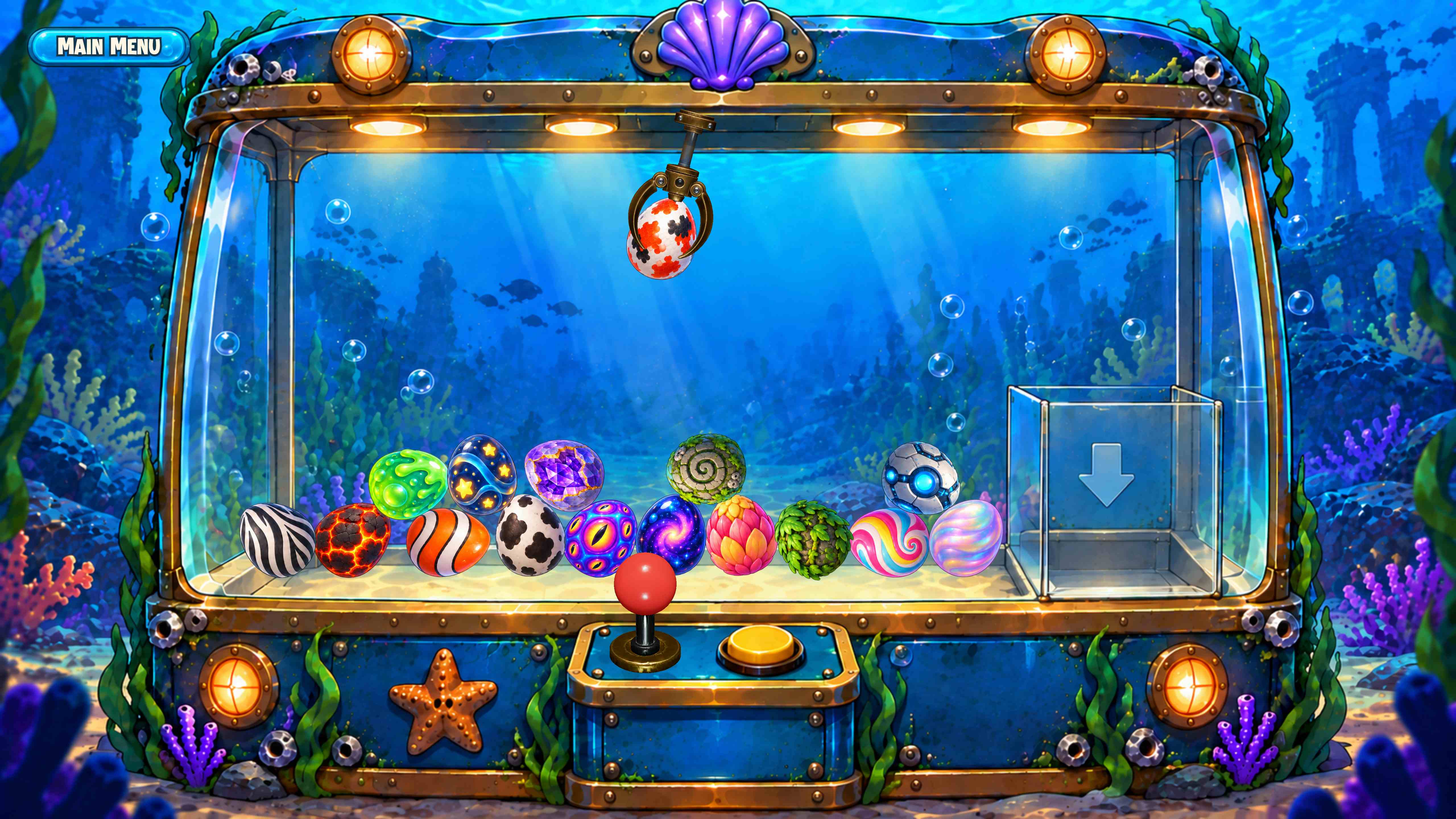 Underwater gacha machine dispensing colorful collectible fish eggs
