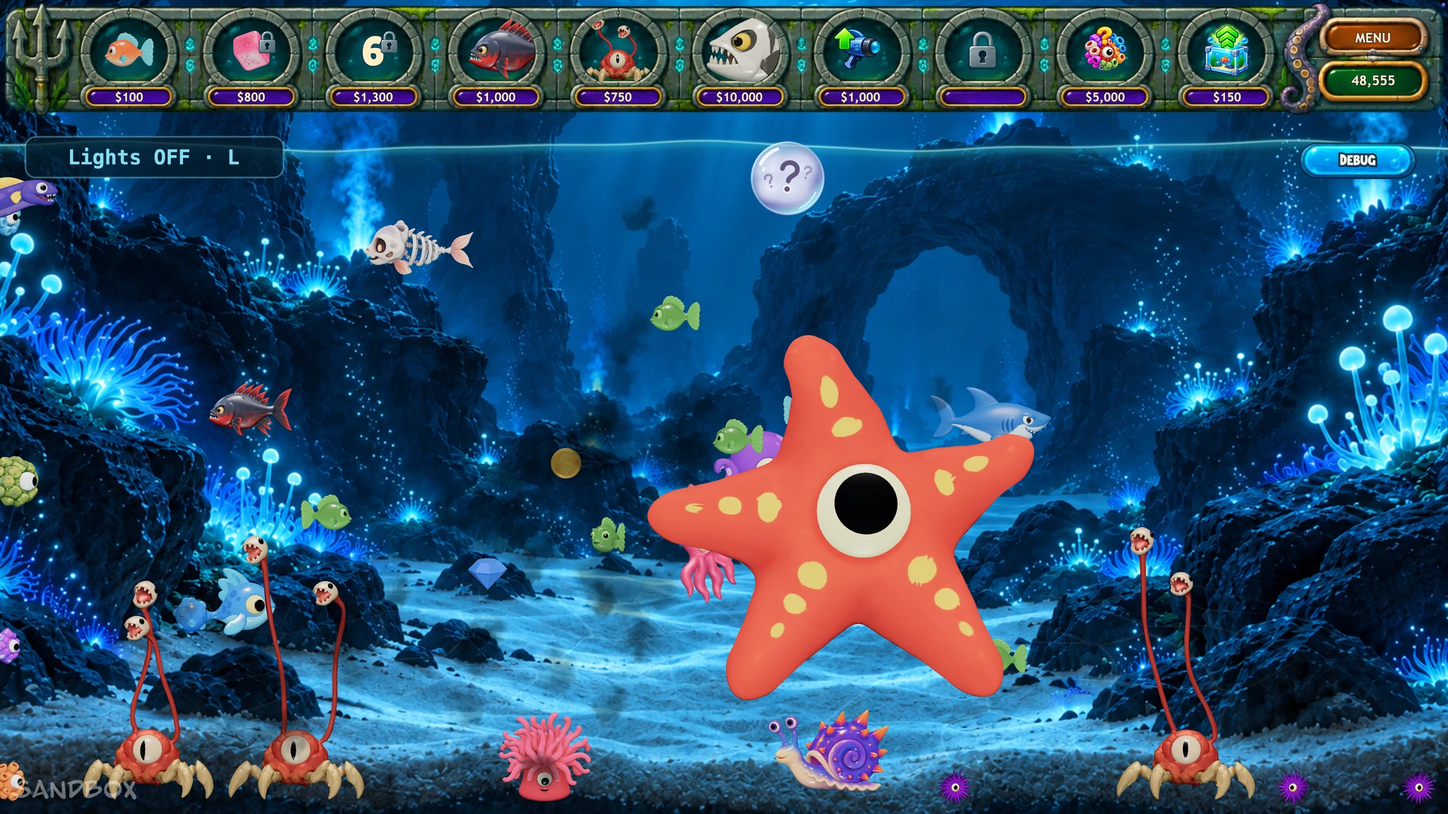 A giant orange one-eyed starfish among fish and alien creatures in a glowing blue cave tank