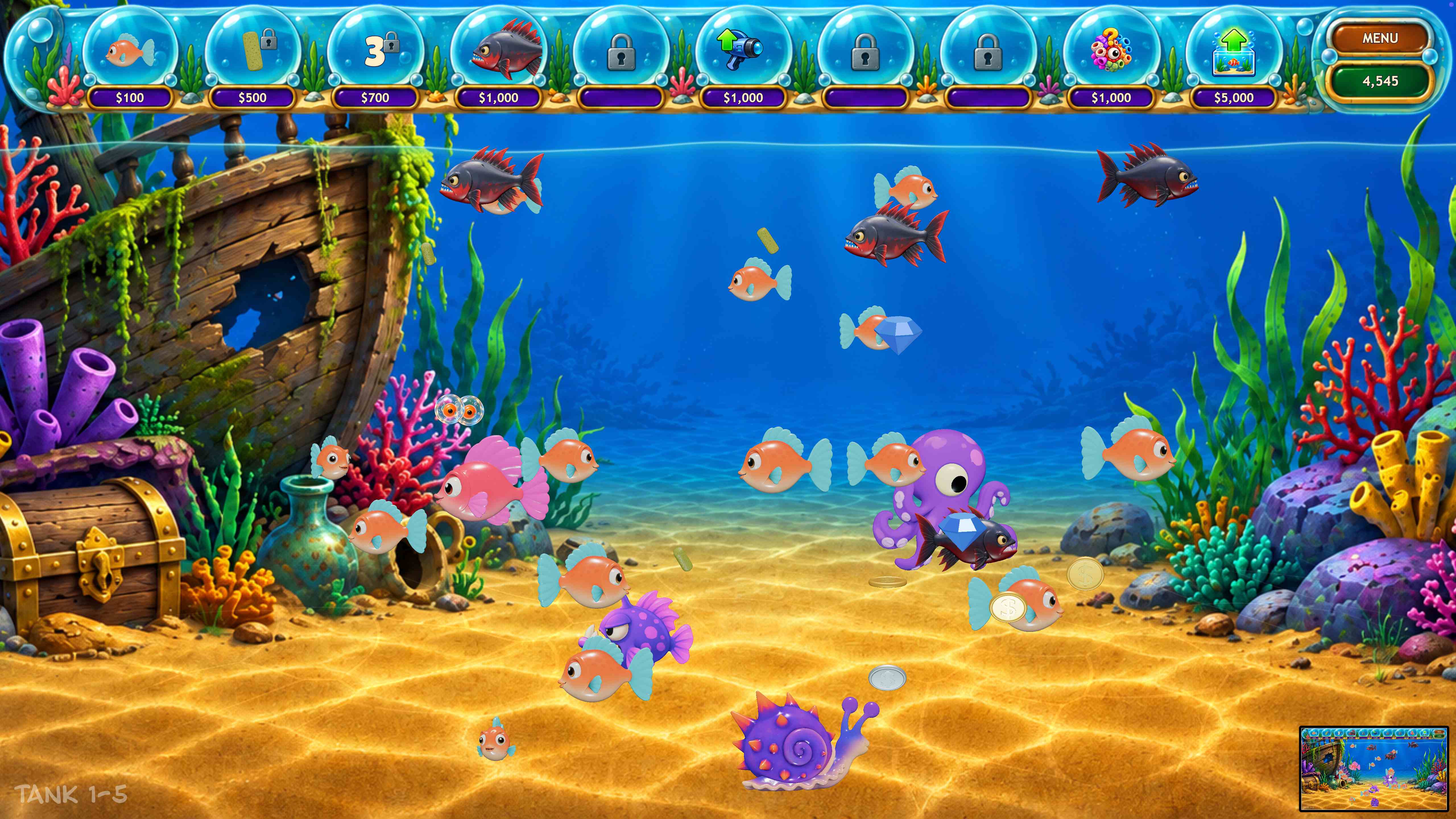 Bright reef tank full of colorful fish, an octopus and a sunken shipwreck